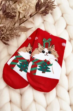 Skarpetki|Skarpetki>Aura.via Damskie Świąteczne Skarpety Z Kotkiem Czerwone