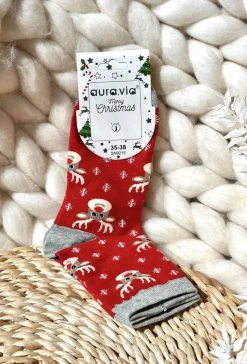 Skarpetki|Skarpetki>Aura.via Damskie Świąteczne Skarpety W Renifery Czerwone