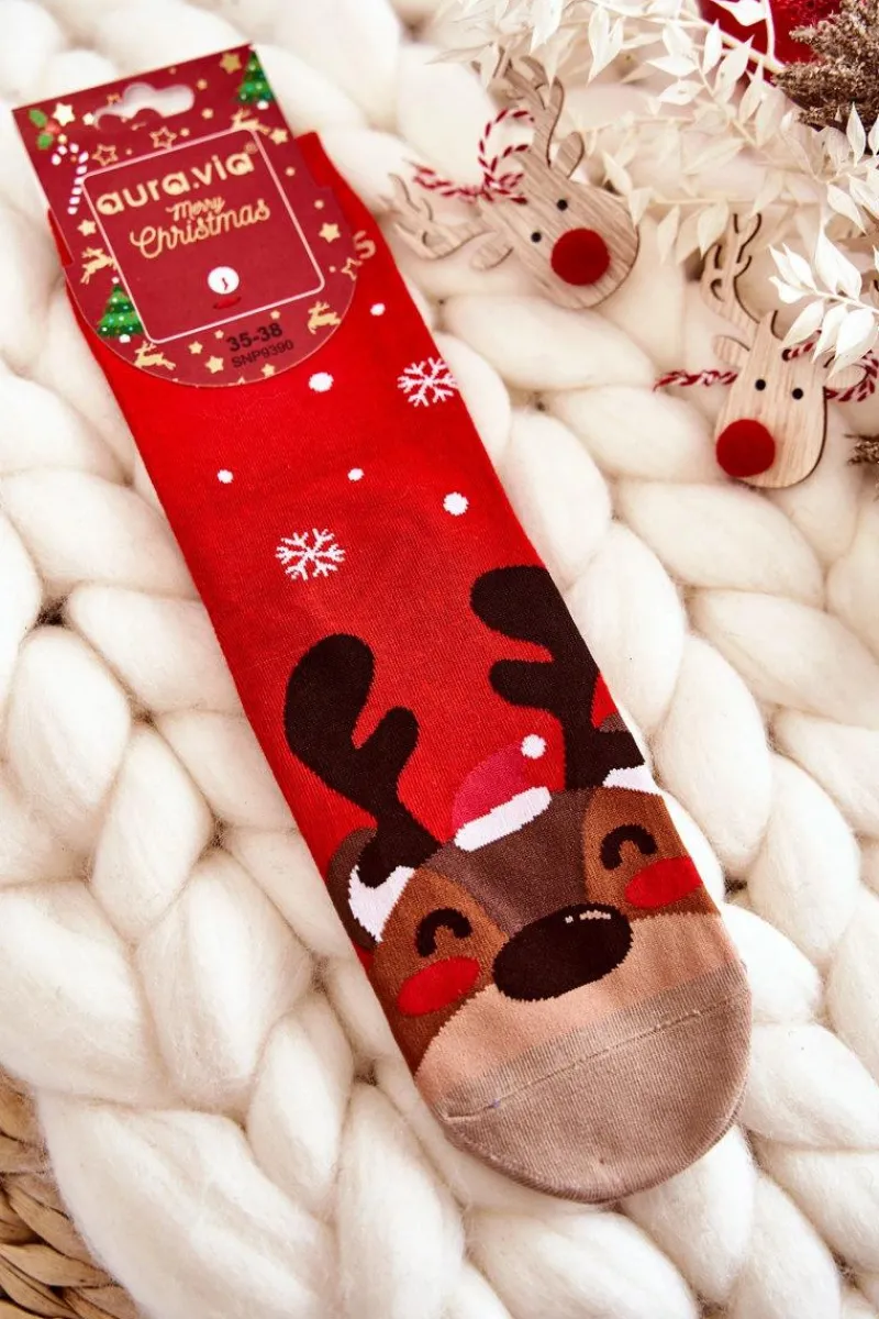 Skarpetki|Skarpetki>Aura.via Damskie Świąteczne Skarpety Ze Wzorem Renifer Czerwone