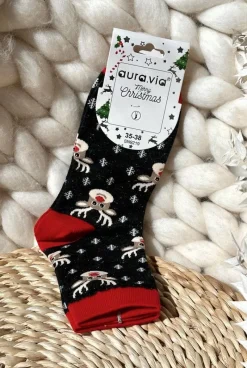 Skarpetki|Skarpetki>Aura.via Damskie Świąteczne Skarpety W Renifery Czarne