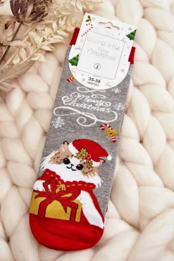 Outlet Damskie Świąteczne Skarpety Z Kotkiem Szare Skarpetki|Skarpetki