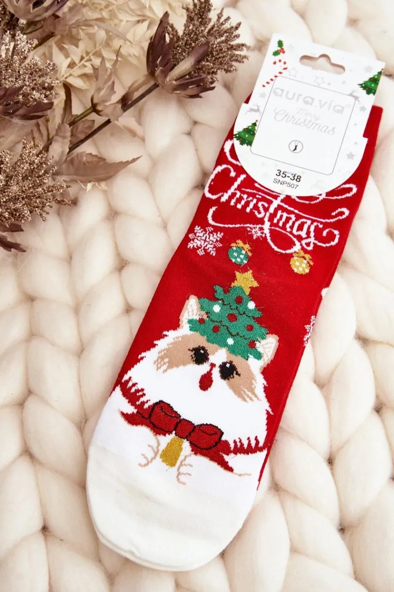 Skarpetki|Skarpetki>Aura.via Damskie Świąteczne Skarpety Z Kotkiem Czerwone