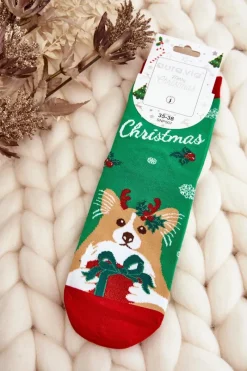 Online Aura.via Damskie Świąteczne Skarpety Z Pieskiem Zielone