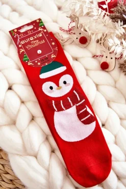 Skarpetki|Skarpetki>Aura.via Damskie Świąteczne Skarpety Ze Wzorem Pingwin Czerwone