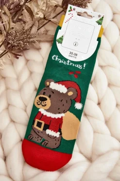 New Aura.via Damskie Świąteczne Skarpety Z Misiem Zielone