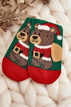 New Aura.via Damskie Świąteczne Skarpety Z Misiem Zielone