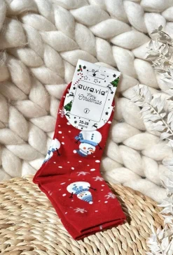 Skarpetki|Skarpetki>Aura.via Damskie Świąteczne Skarpety W Bałwany Czerwone