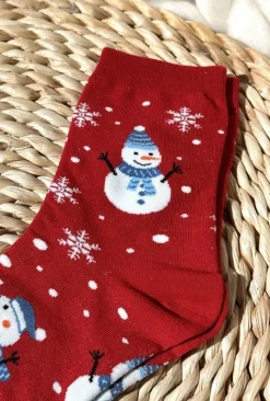 Skarpetki|Skarpetki>Aura.via Damskie Świąteczne Skarpety W Bałwany Czerwone