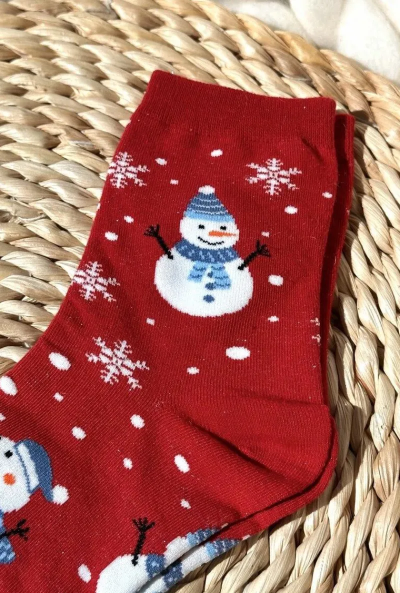 Skarpetki|Skarpetki>Aura.via Damskie Świąteczne Skarpety W Bałwany Czerwone