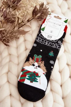 Online Damskie Świąteczne Skarpety Z Kotkiem Czarne Skarpetki|Skarpetki