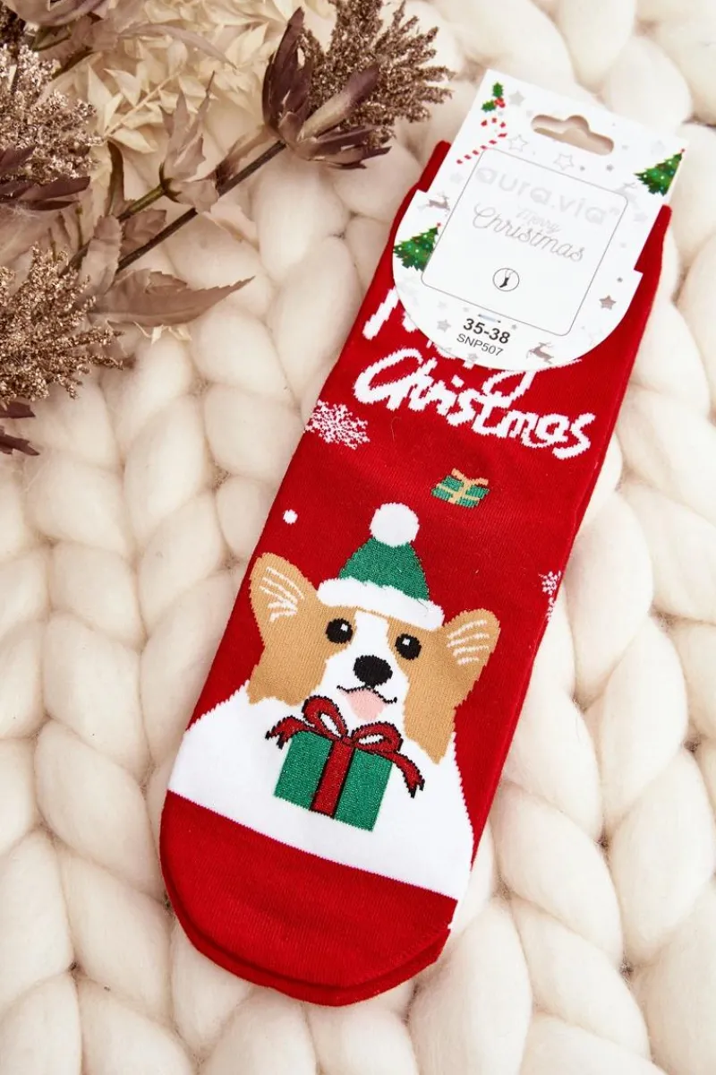 Online Aura.via Damskie Świąteczne Skarpety Z Pieskiem Czerwone