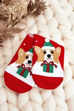 Online Aura.via Damskie Świąteczne Skarpety Z Pieskiem Czerwone