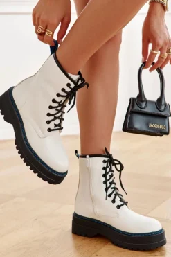 Botki Sznurowane|Botki Płaskie>Boto Damskie Wiązane Botki Glany Białe Callie