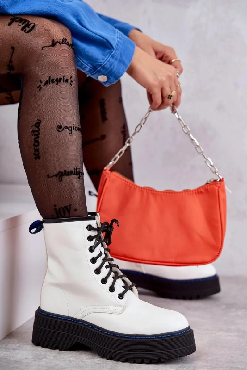 Botki Sznurowane|Botki Płaskie>Boto Damskie Wiązane Botki Glany Białe Callie