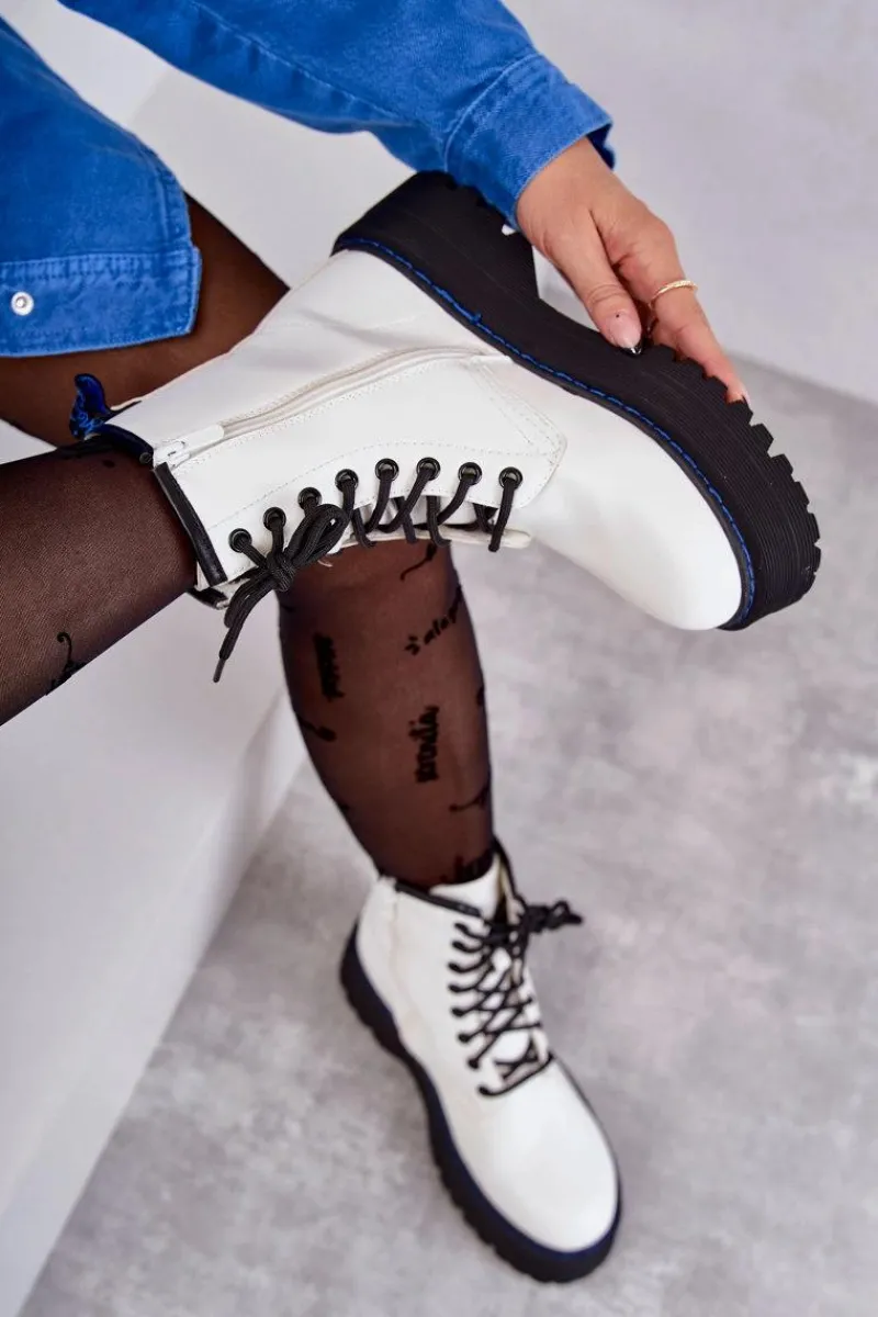 Botki Sznurowane|Botki Płaskie>Boto Damskie Wiązane Botki Glany Białe Callie