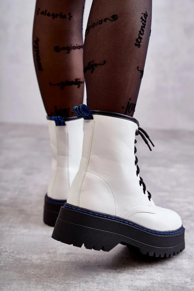 Botki Sznurowane|Botki Płaskie>Boto Damskie Wiązane Botki Glany Białe Callie