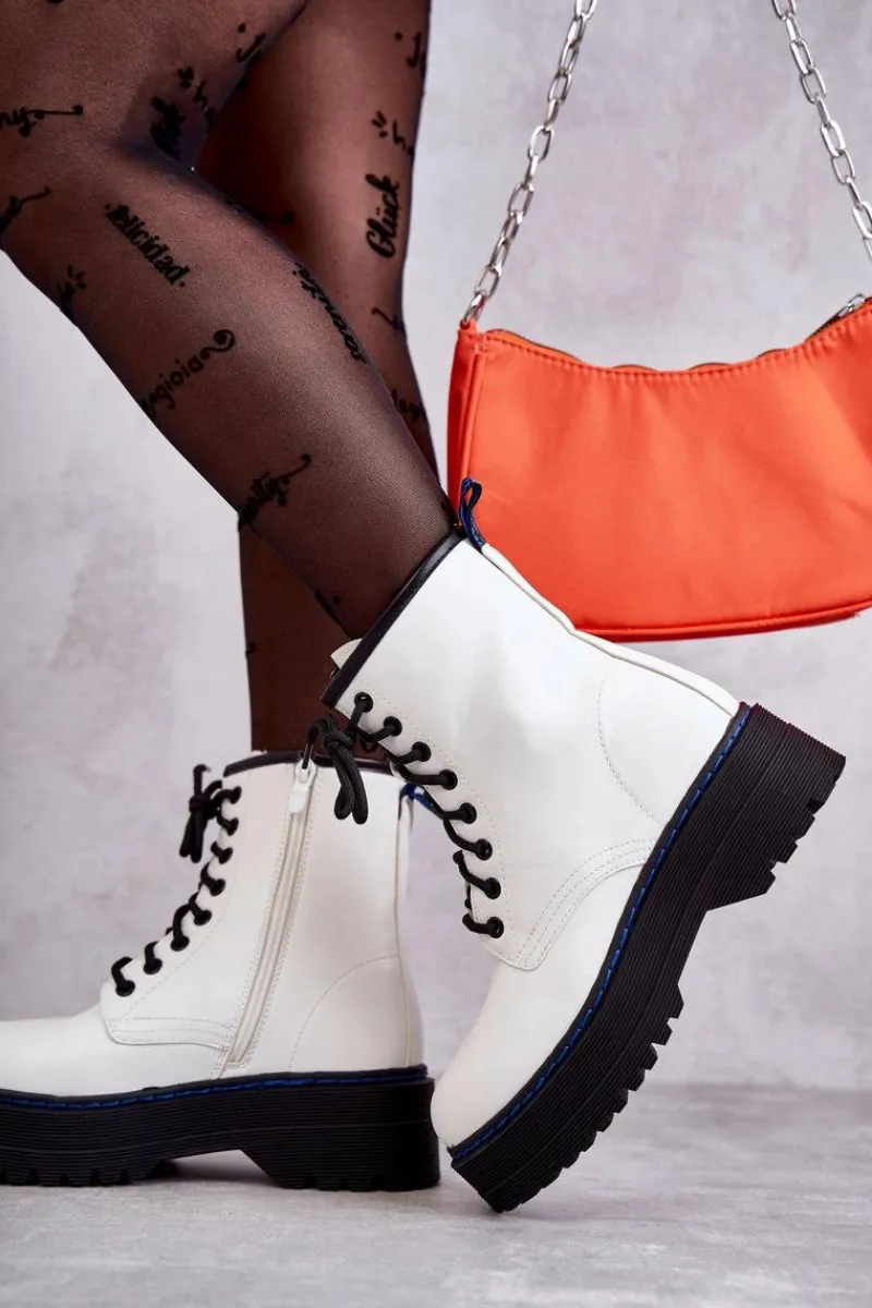 Botki Sznurowane|Botki Płaskie>Boto Damskie Wiązane Botki Glany Białe Callie