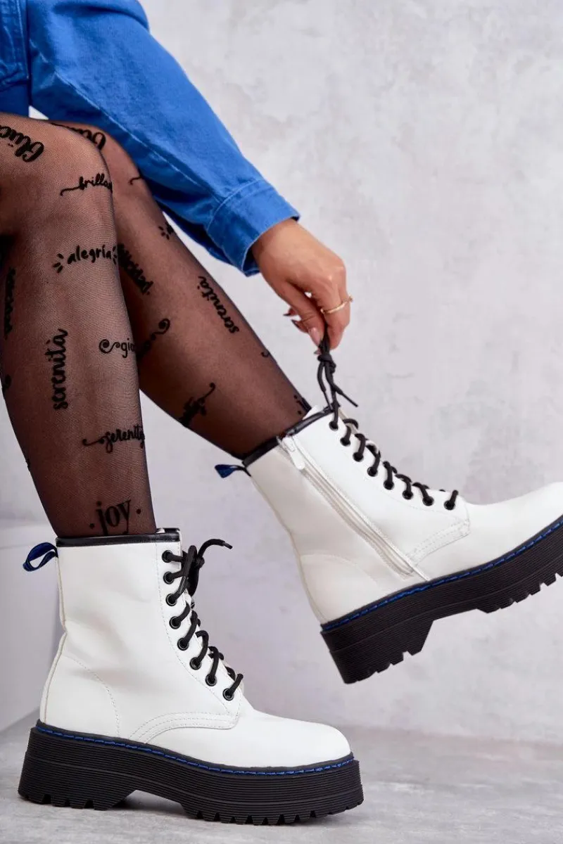 Botki Sznurowane|Botki Płaskie>Boto Damskie Wiązane Botki Glany Białe Callie