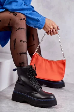 Online Damskie Wiązane Botki Glany Czarne Callie Damskie Botki Sznurowane|Czarne Botki