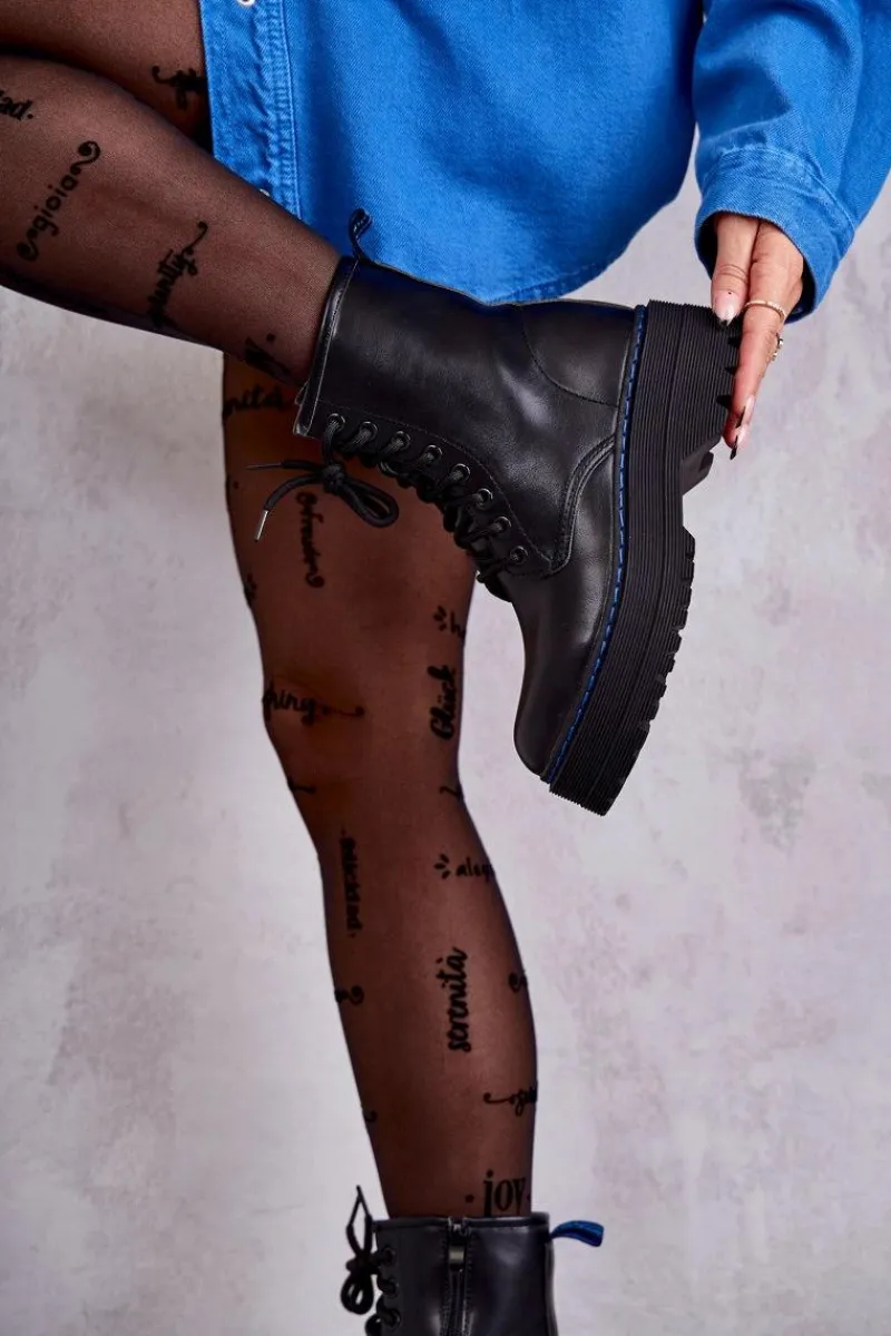 Online Damskie Wiązane Botki Glany Czarne Callie Damskie Botki Sznurowane|Czarne Botki