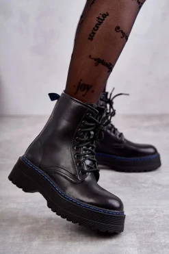 Online Damskie Wiązane Botki Glany Czarne Callie Damskie Botki Sznurowane|Czarne Botki