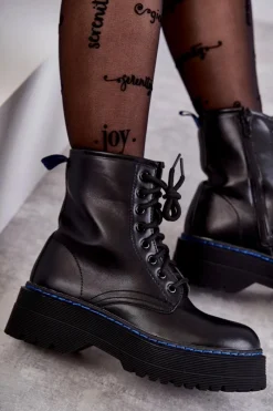 Online Damskie Wiązane Botki Glany Czarne Callie Damskie Botki Sznurowane|Czarne Botki