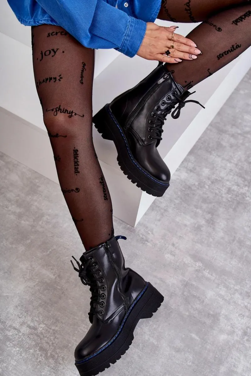 Online Damskie Wiązane Botki Glany Czarne Callie Damskie Botki Sznurowane|Czarne Botki