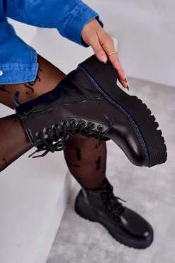 Online Damskie Wiązane Botki Glany Czarne Callie Damskie Botki Sznurowane|Czarne Botki