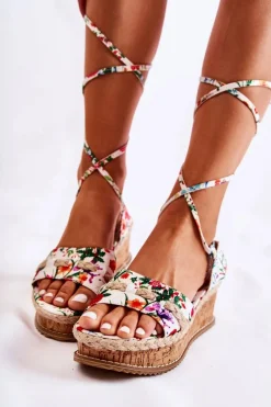 Hot Boto Damskie Wiązane Sandałki Espadryle W Kwiaty Białe Lamour