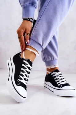 Best Damskie buty S.Barski Damskie Wiązane Tenisówki Czarne Menifee Czarny