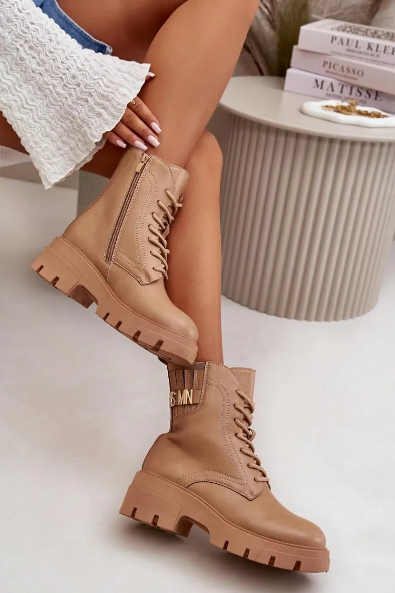 Best Damskie Workery Botki Na Zamek Sznurowane Z Eko Skóry Beżowe Naolani Damskie Botki Sznurowane|Brązowe I Beżowe Botki