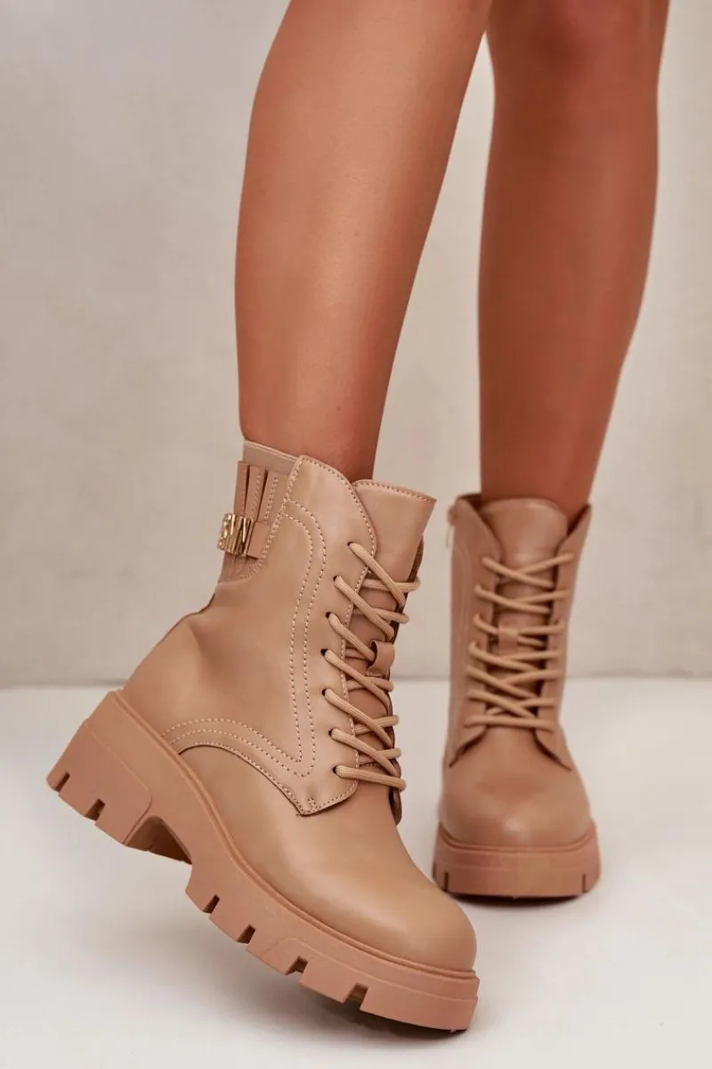 Best Damskie Workery Botki Na Zamek Sznurowane Z Eko Skóry Beżowe Naolani Damskie Botki Sznurowane|Brązowe I Beżowe Botki