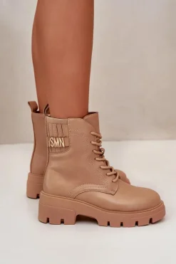 Best Damskie Workery Botki Na Zamek Sznurowane Z Eko Skóry Beżowe Naolani Damskie Botki Sznurowane|Brązowe I Beżowe Botki