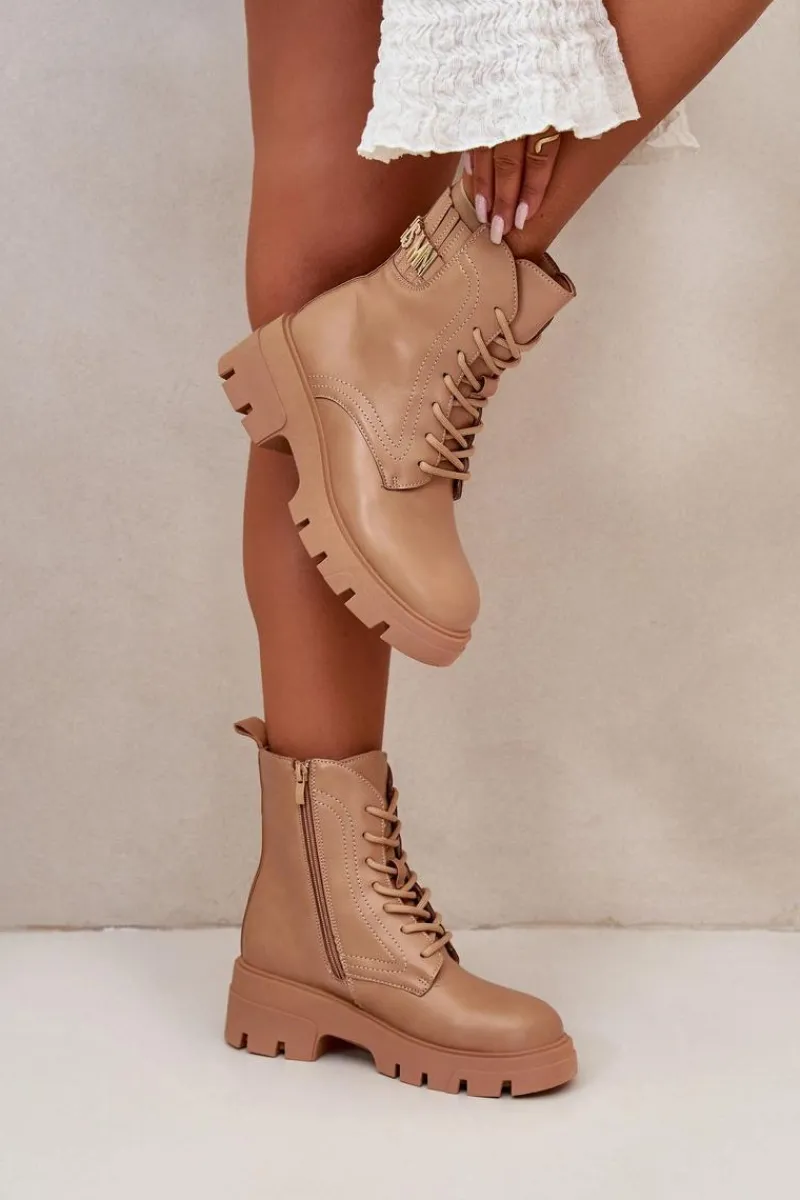 Best Damskie Workery Botki Na Zamek Sznurowane Z Eko Skóry Beżowe Naolani Damskie Botki Sznurowane|Brązowe I Beżowe Botki