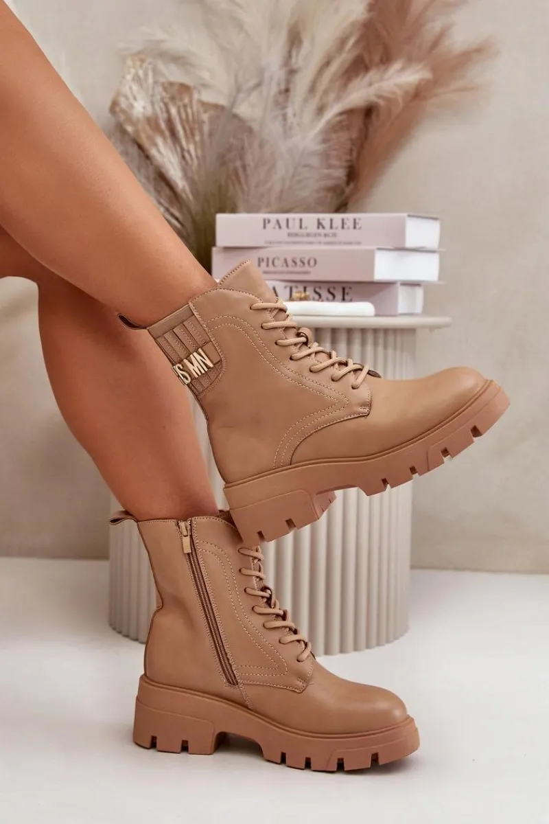 Best Damskie Workery Botki Na Zamek Sznurowane Z Eko Skóry Beżowe Naolani Damskie Botki Sznurowane|Brązowe I Beżowe Botki