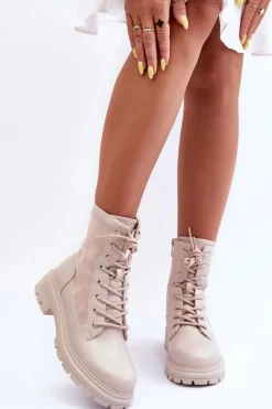 Botki Sznurowane|Brązowe I Beżowe Botki>Boto Damskie Workery Botki Skórzane Jasnobeżowe Faustina