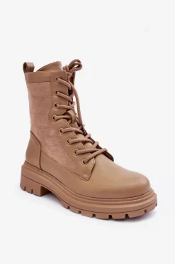 Online Damskie Workery Botki Skórzane Beżowe Faustina Damskie Botki Ocieplane|Botki Sznurowane