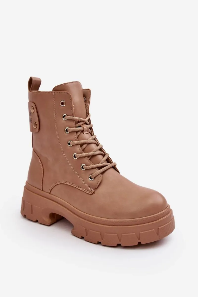 Outlet Boto Damskie Workery Botki Sznurowane Na Płaskim Obcasie Beżowe Brenhile