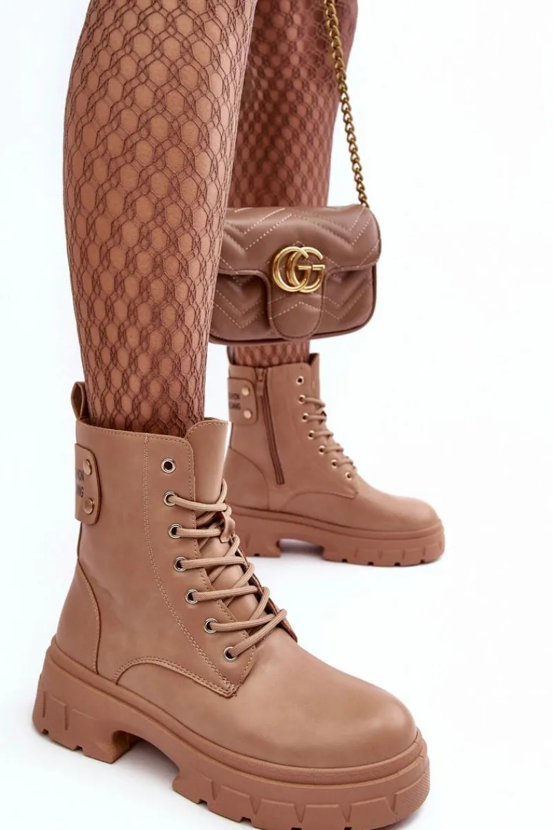 Outlet Boto Damskie Workery Botki Sznurowane Na Płaskim Obcasie Beżowe Brenhile