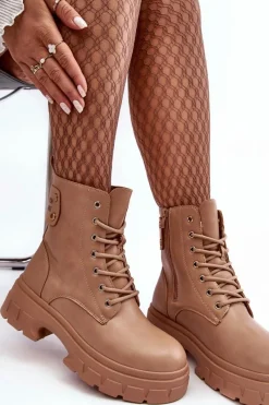 Outlet Boto Damskie Workery Botki Sznurowane Na Płaskim Obcasie Beżowe Brenhile