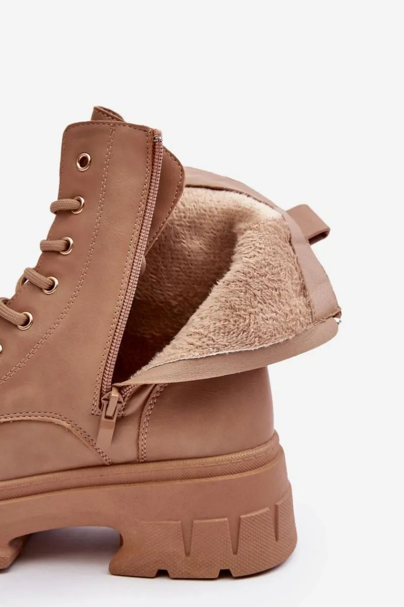 Outlet Boto Damskie Workery Botki Sznurowane Na Płaskim Obcasie Beżowe Brenhile