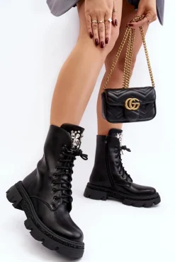 Botki Sznurowane|Botki Płaskie>Boto Damskie Workery Botki Ze Zdobieniem Czarne Ventora