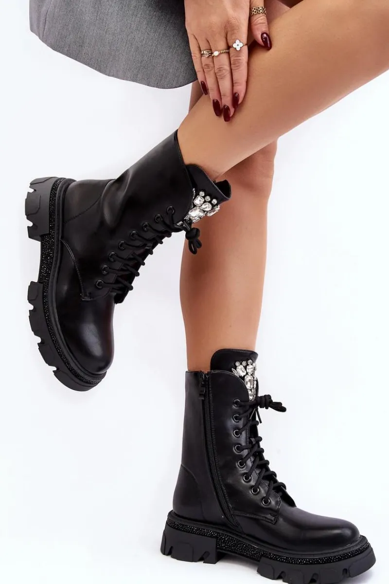 Botki Sznurowane|Botki Płaskie>Boto Damskie Workery Botki Ze Zdobieniem Czarne Ventora