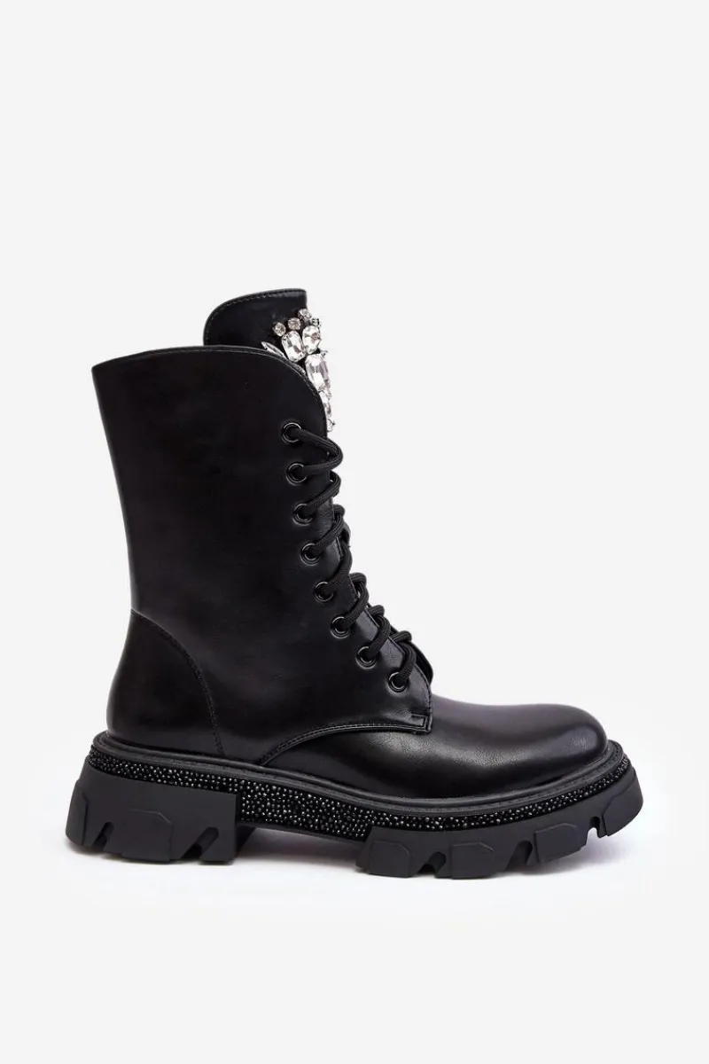 Botki Sznurowane|Botki Płaskie>Boto Damskie Workery Botki Ze Zdobieniem Czarne Ventora