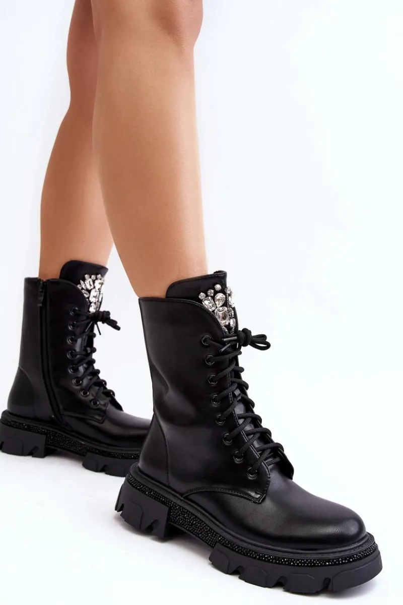 Botki Sznurowane|Botki Płaskie>Boto Damskie Workery Botki Ze Zdobieniem Czarne Ventora