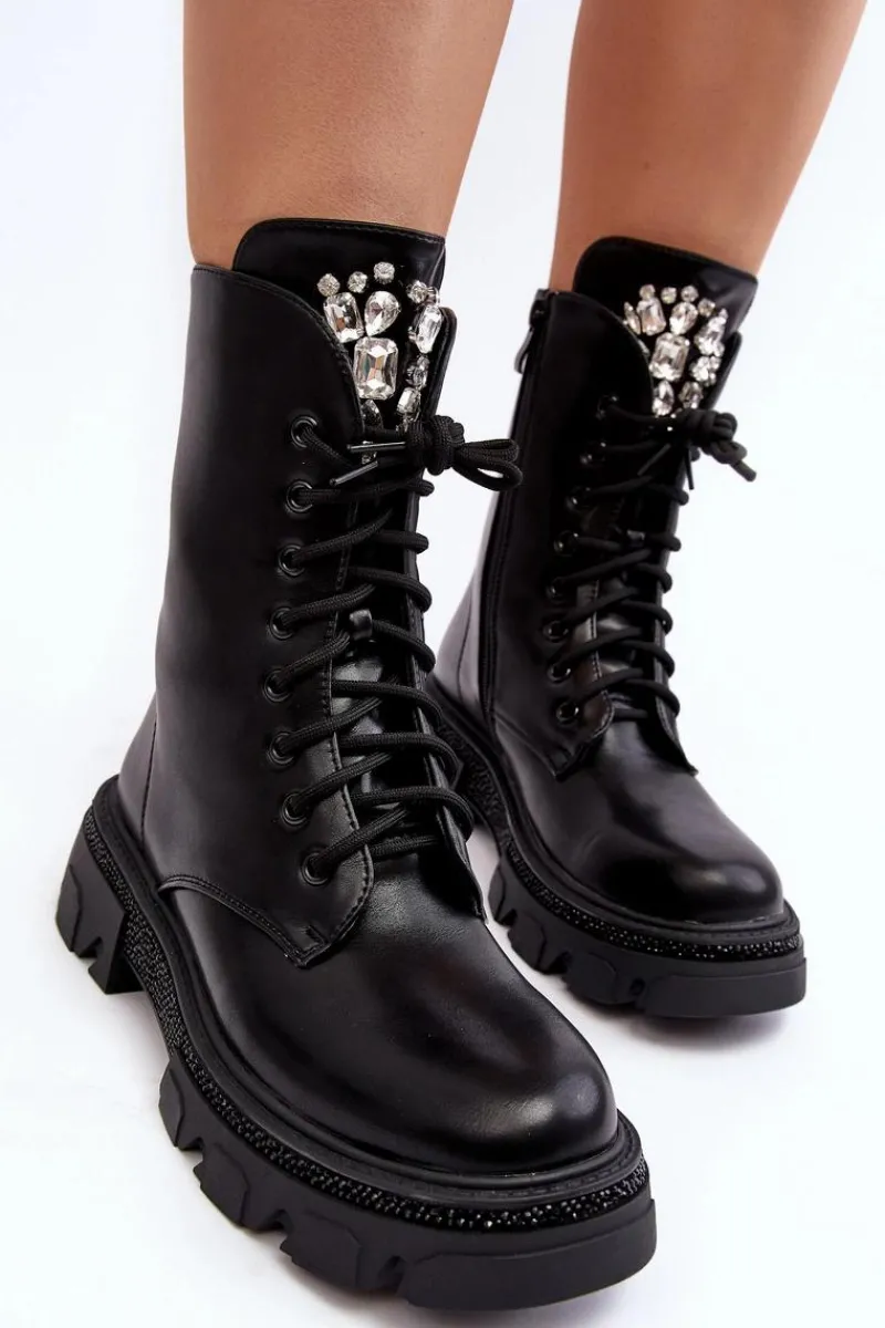 Botki Sznurowane|Botki Płaskie>Boto Damskie Workery Botki Ze Zdobieniem Czarne Ventora