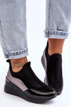 Evento Damskie Wsuwane Buty Sportowe Na Koturnie Czarno-Srebrne Farro