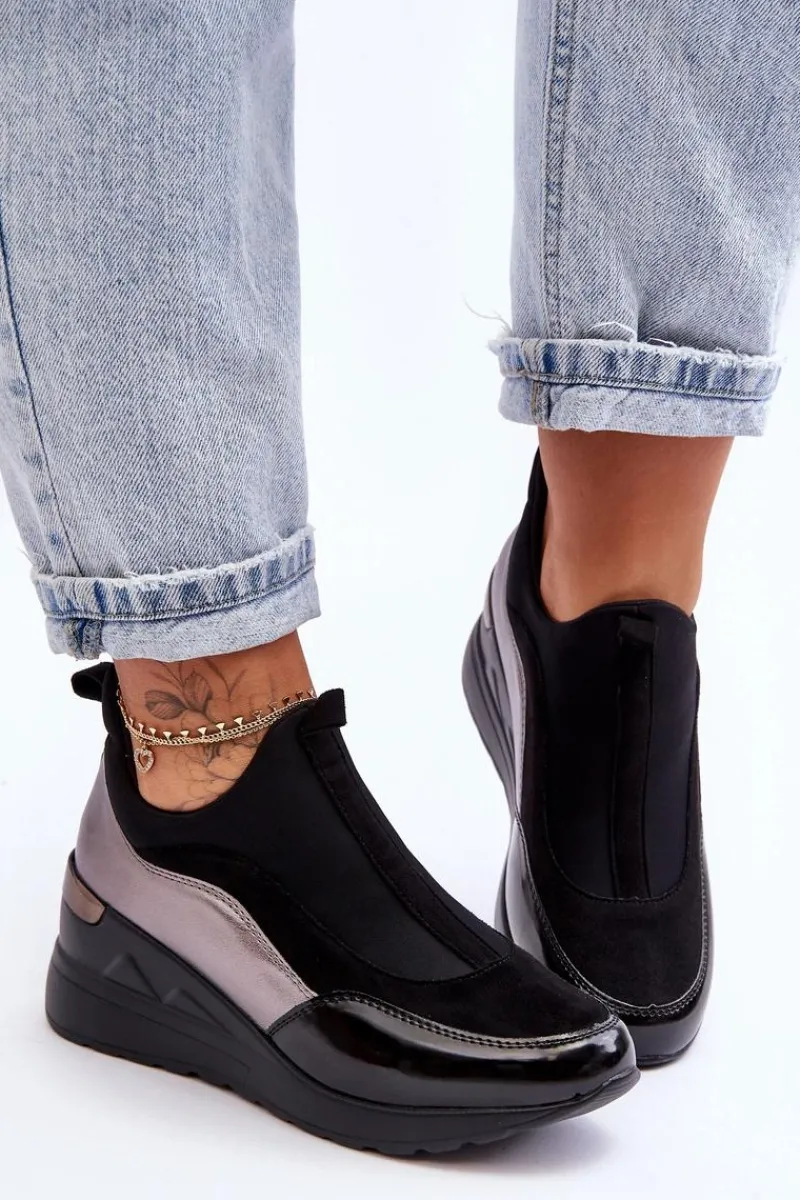 Evento Damskie Wsuwane Buty Sportowe Na Koturnie Czarno-Srebrne Farro