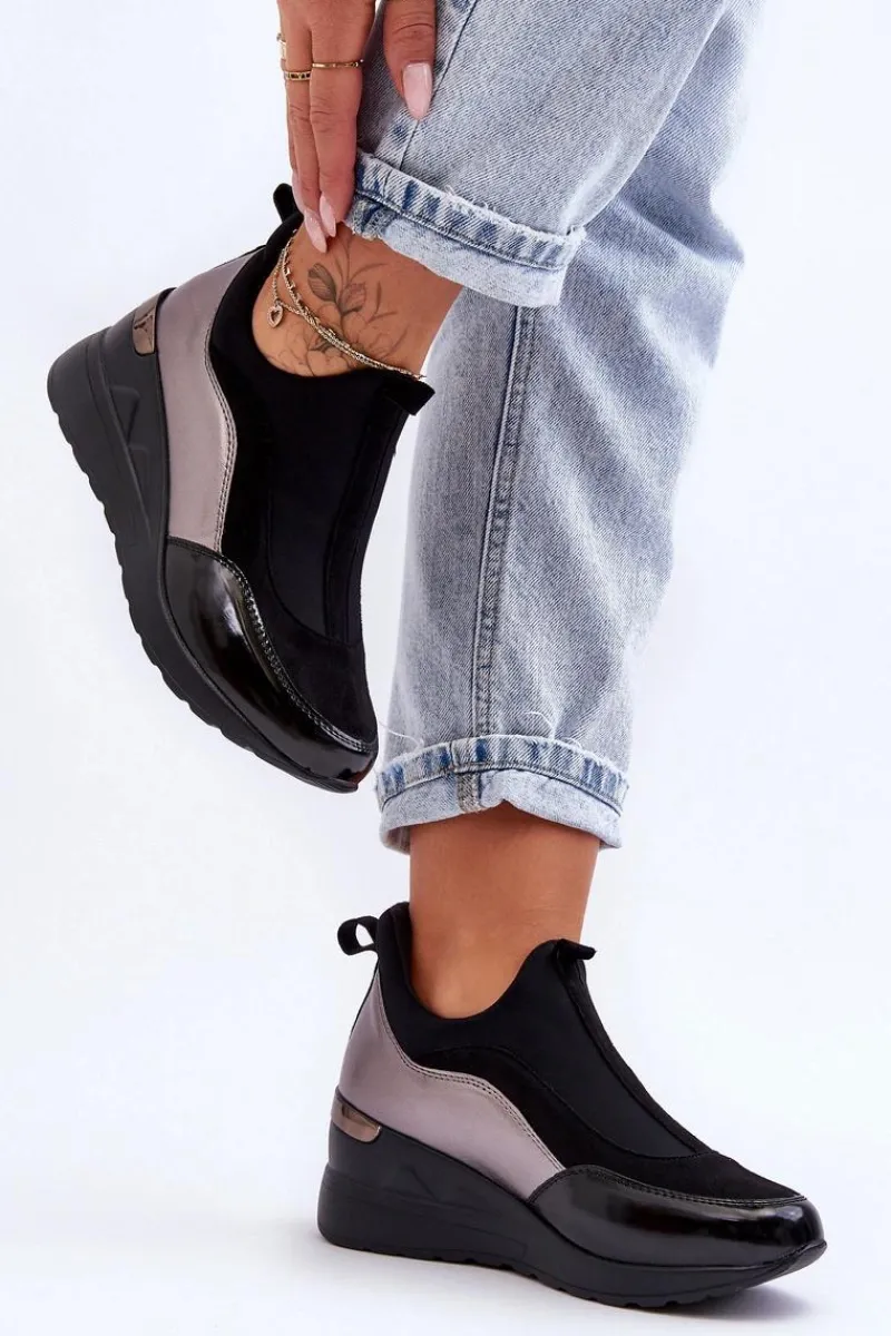 Evento Damskie Wsuwane Buty Sportowe Na Koturnie Czarno-Srebrne Farro