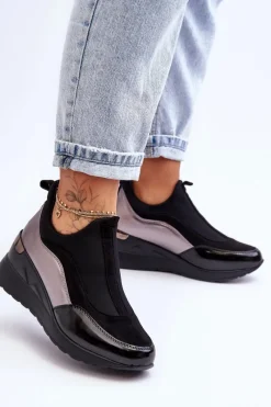 Evento Damskie Wsuwane Buty Sportowe Na Koturnie Czarno-Srebrne Farro